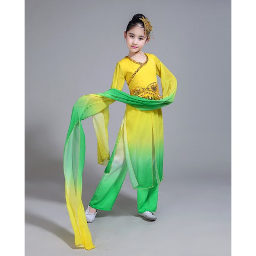Girls chinese folk ancient traditional classical dance costumes kids green with yellow hanfu water sleeves fan dance dress 